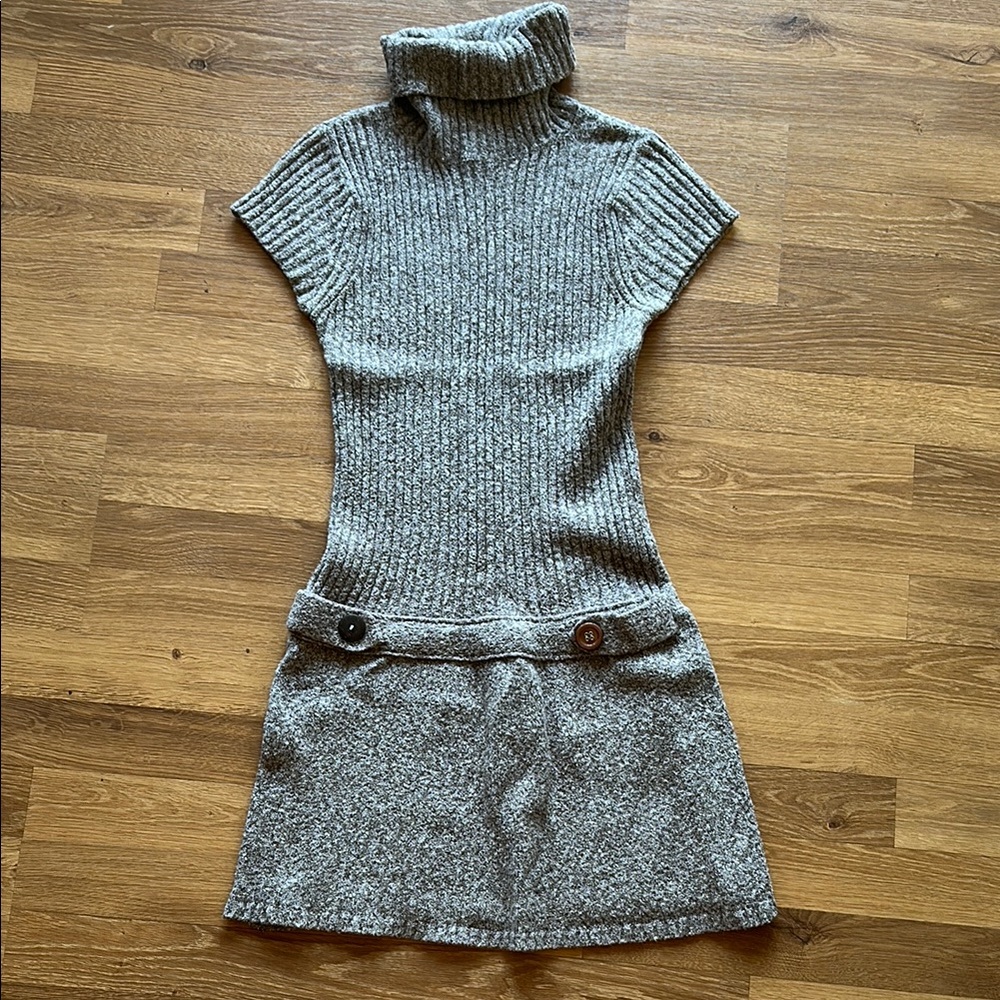 Brown Ribbed Turtleneck Mini Dress with Tie Front